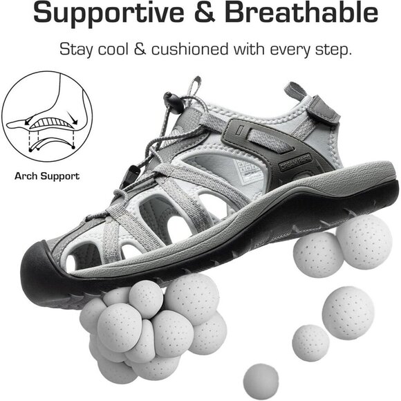 Hiking Sandals Men\'s Light Gray Athletic Cushioned Closed Toe Fisherman Shoes